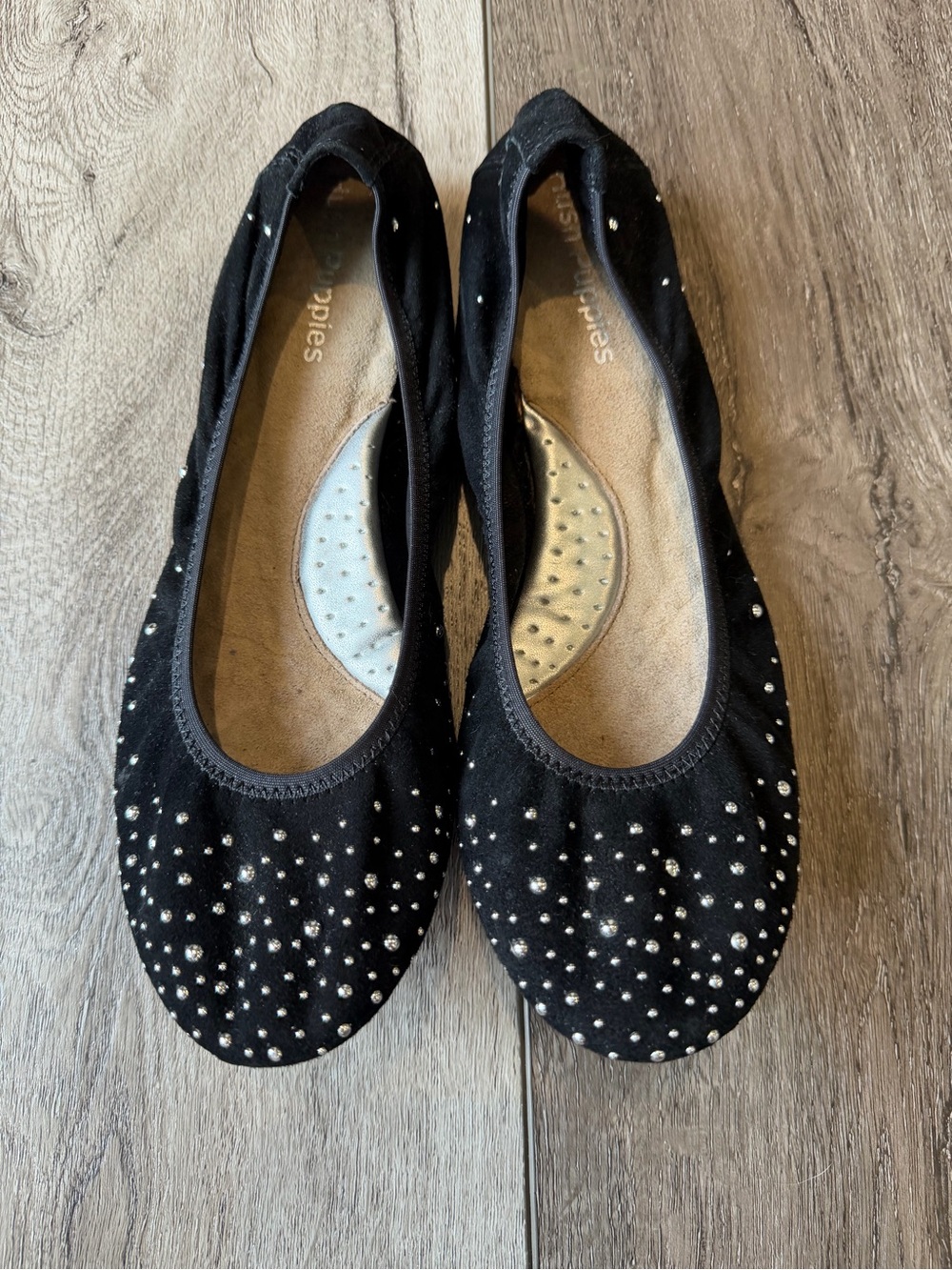Hush Puppies-Chaste Black Suede Ballet Flats with Silver Stud Accents- Comfort - Picture 2 of 11
